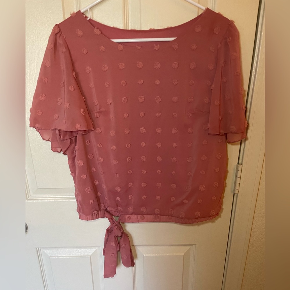 SHEIN Pink Flutter Sleeve Tie Front Blouse